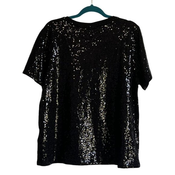 DKNY Womens Black Sequin Short Sleeve Top XL Holiday Sparkle Party Dressy NWT - Picture 7 of 7